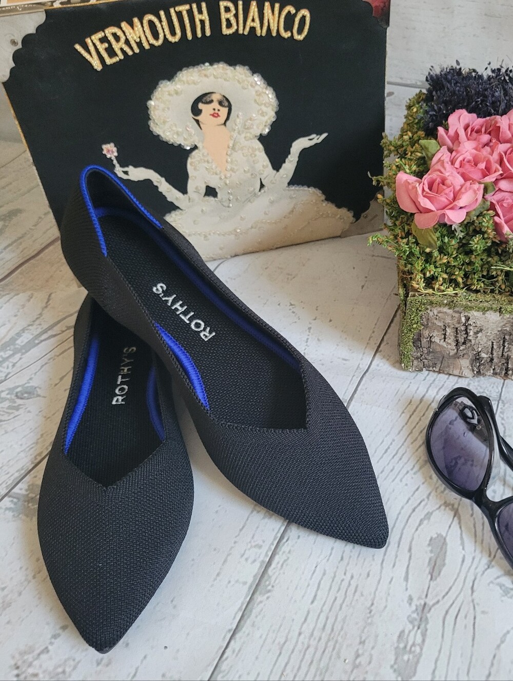 Rothy's Black Pointed Toe Flats with Blue Trim